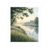 Serene River Sunrise Watercolor Painting with Meadow Grasses and Warm Golden Atmosphere Landscape (Print Only) thumbnail