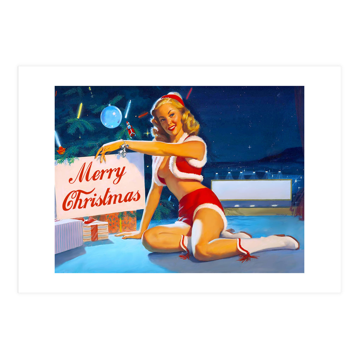Pinup Girl In Santa Costume With Marry Christmas Sign (Print Only)