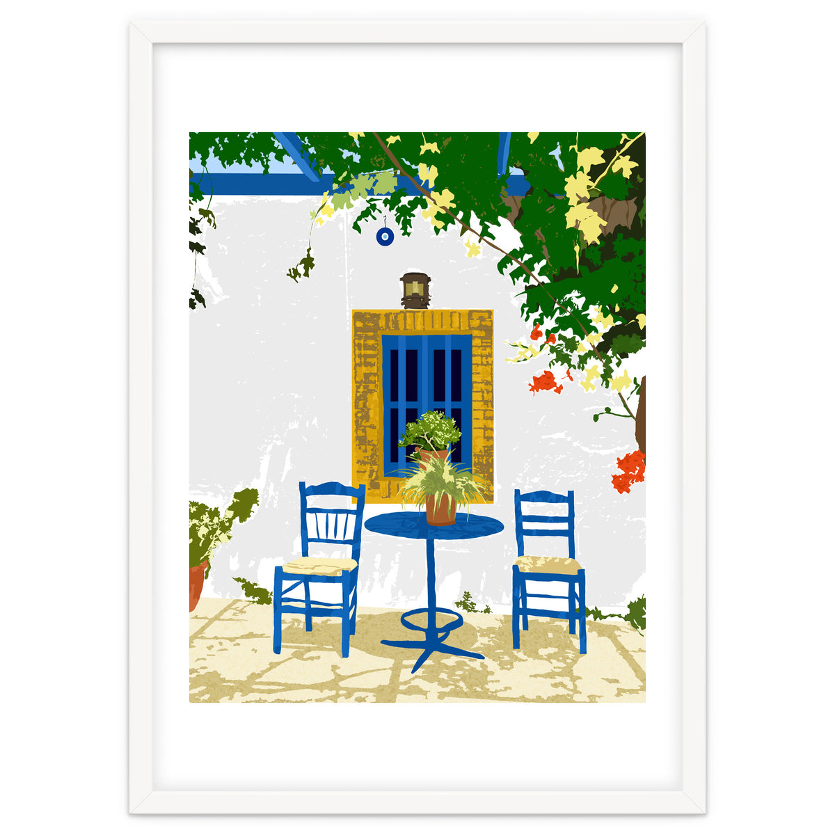 Greek Vacay For Two, Evil Eye Santorini Travel Summer, Eclectic Travel Architecture White Buildings Cafe