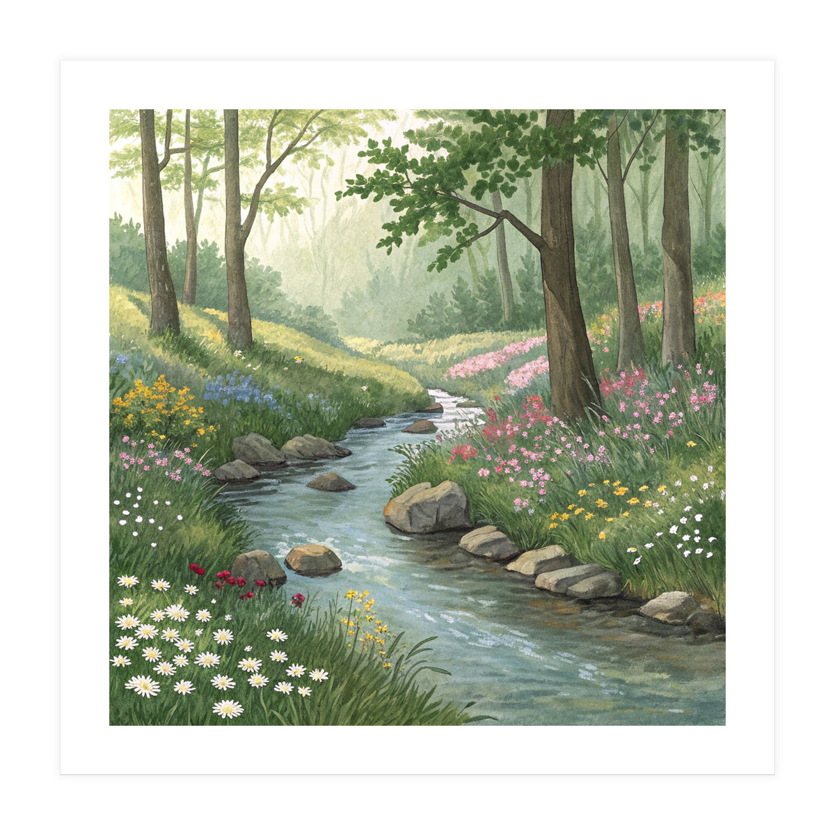 Vibrant Forest Stream Watercolor Painting (Print Only)
