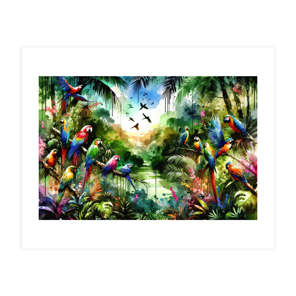 Watercolor Tropical Birds In The Jungle (Print Only)