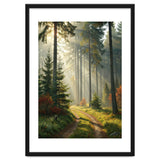 The Golden Path: Ethereal Sunbeams Piercing Through a Misty Evergreen Forest at Dawn thumbnail