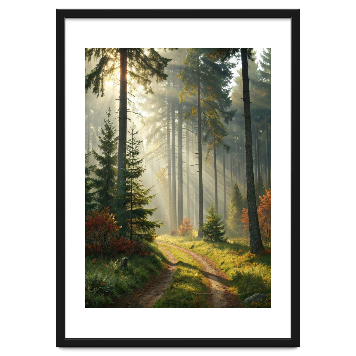 The Golden Path: Ethereal Sunbeams Piercing Through a Misty Evergreen Forest at Dawn