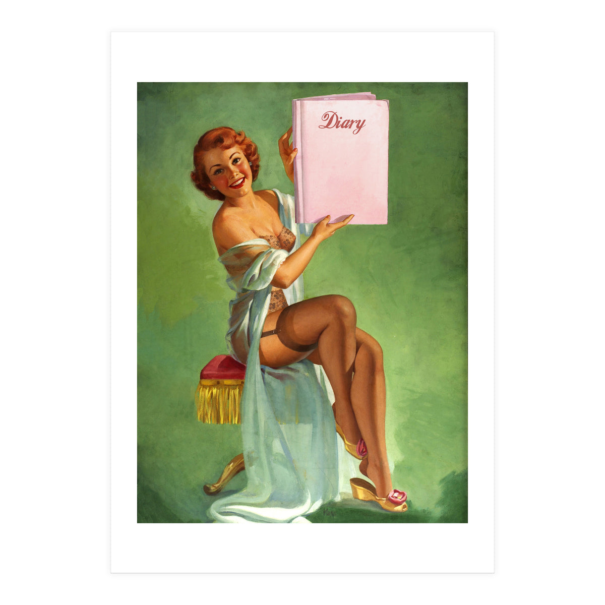Pinup Girl Posing With Her Big Diary Book (Print Only)