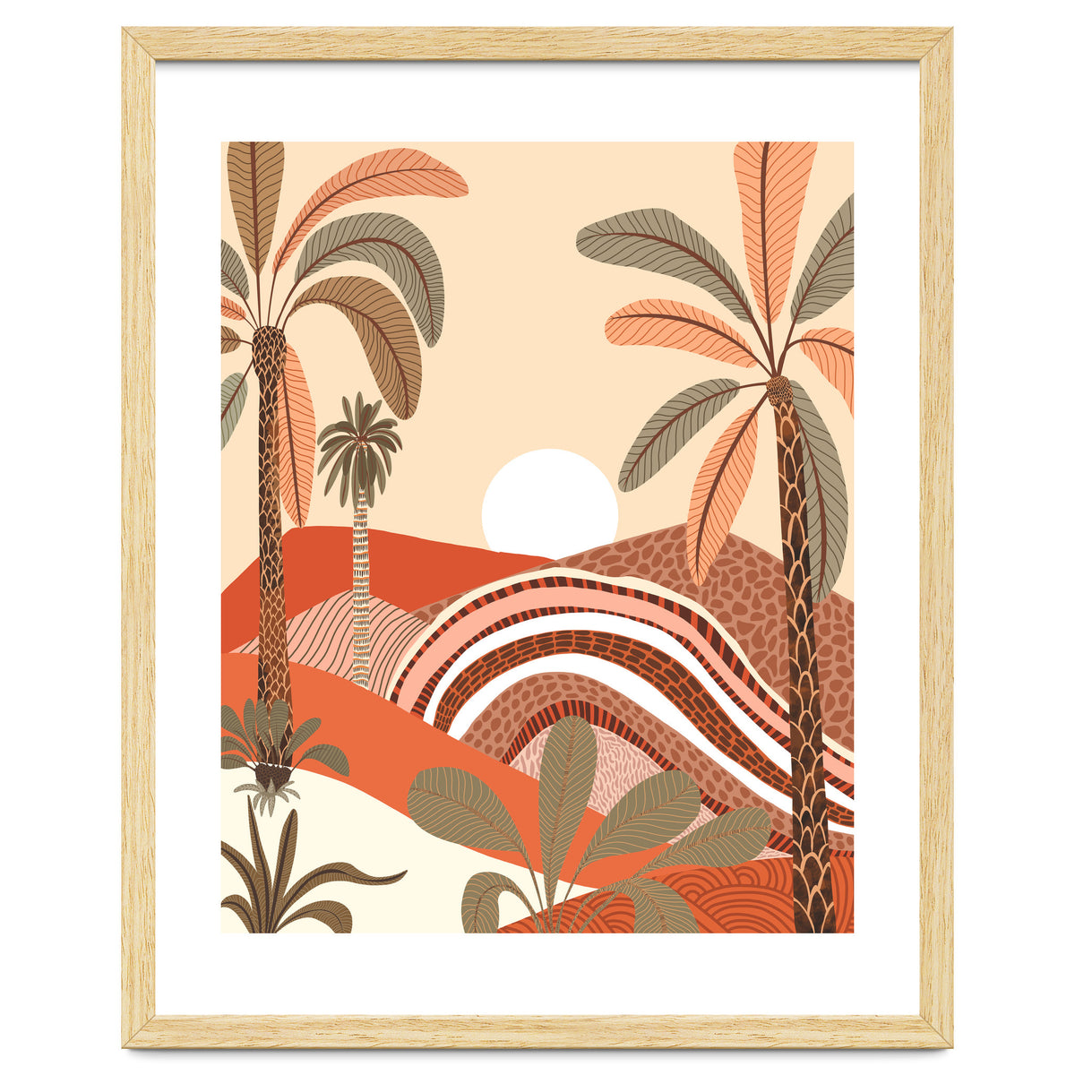 Epiphany, Pastel Rustic Sunrise Sunset, Bohemian Nature Landscape Illustration, Mountains Adventure Palm Trees