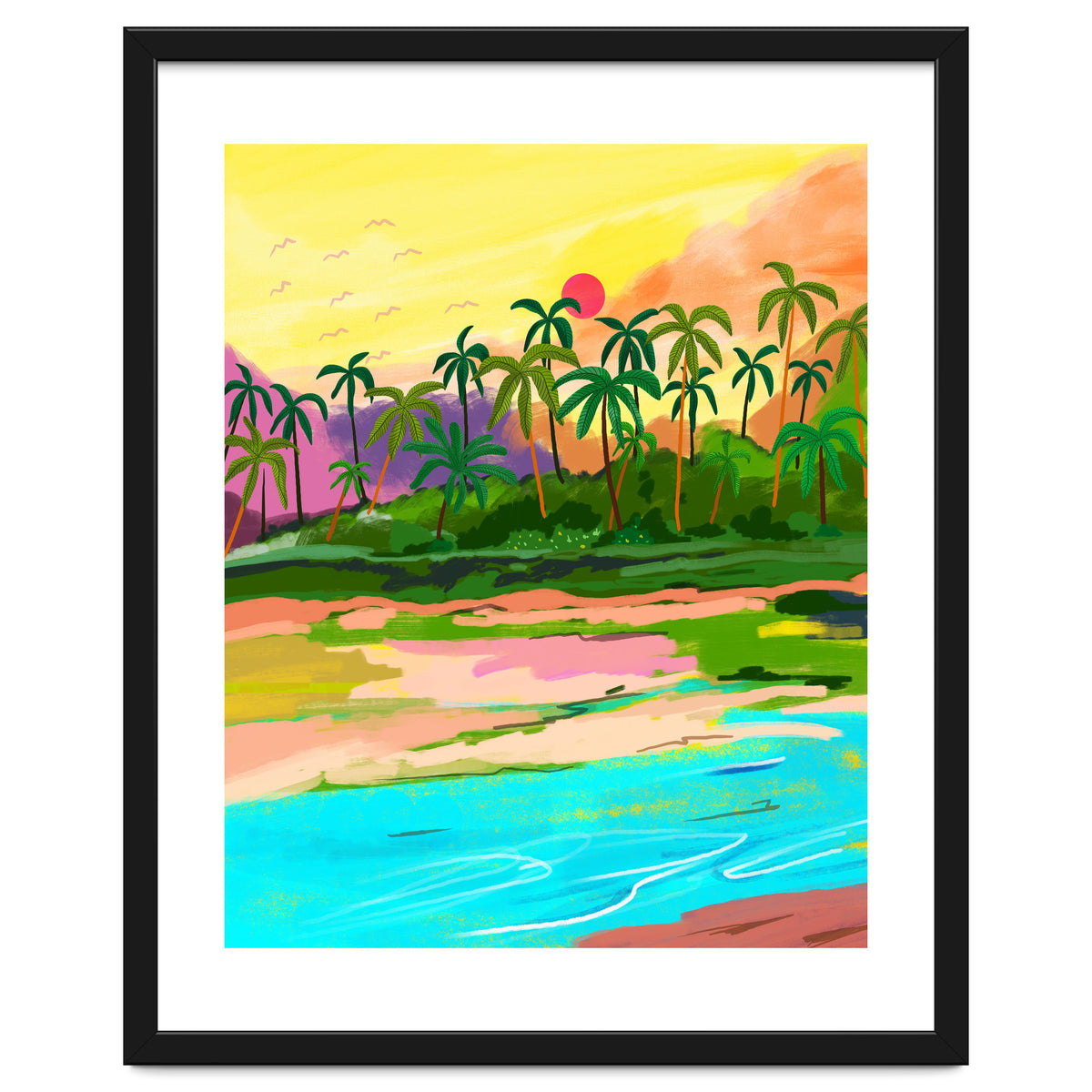 Tropical Backwaters Of Kerala, Nature Jungle Forest Landscape Painting, Dreamy Scenic Travel Lake Palm Bohemian