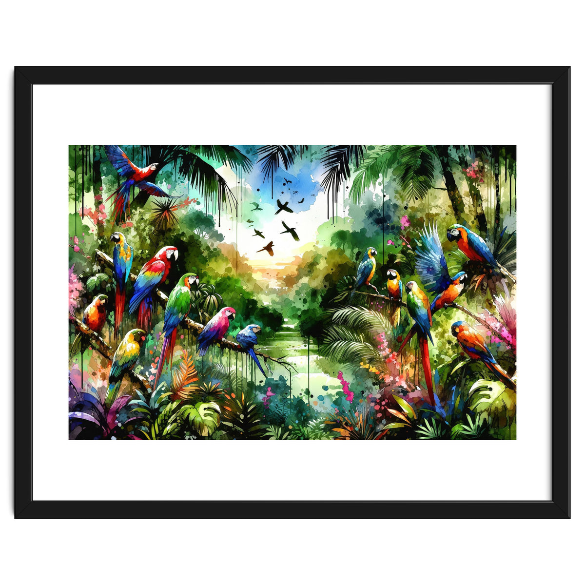 Watercolor Tropical Birds In The Jungle