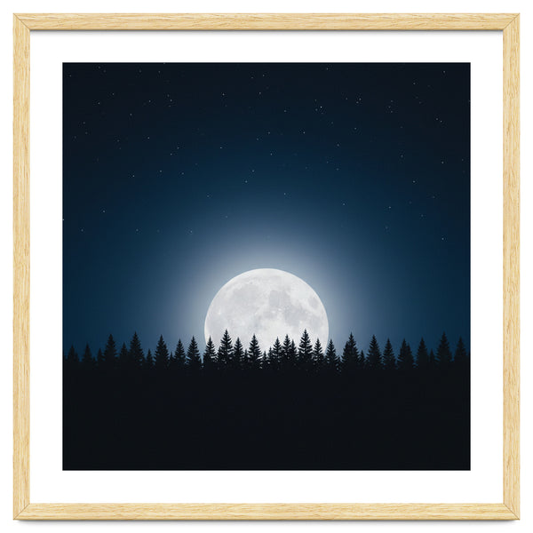 Midnight Serenity: Full Moon Over Forest Silhouettes