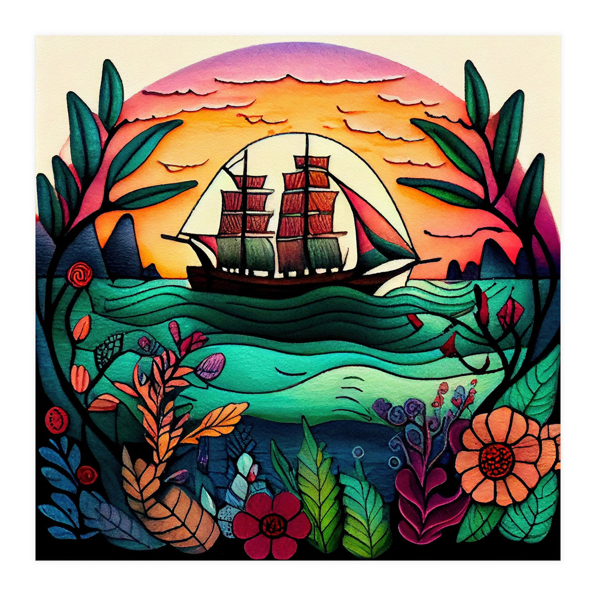 Folk Sunset Sailing Ship (Print Only)
