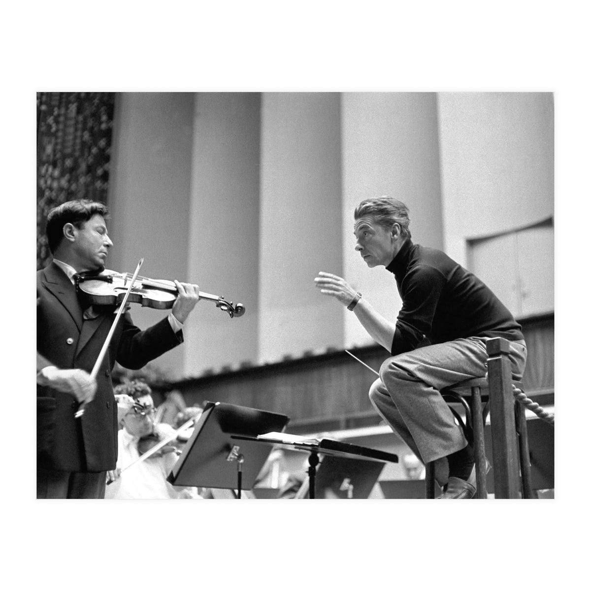 Conductor Herbert von Karajan rehearsing with Nathan Milstein in Lucerne, Switzerland. Lucerne,1957. (Print Only)