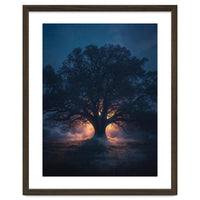 Ancient Mystical Oak Silhouette at Twilight with Ethereal Wisps