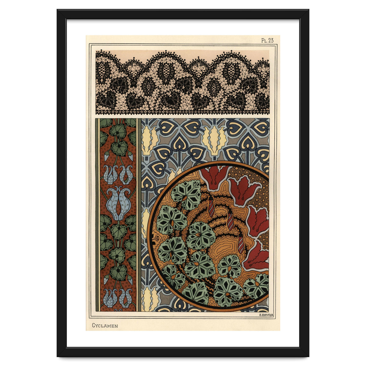 Cyclamen persicum motif in patterns for lace, wallpaper and fabric.