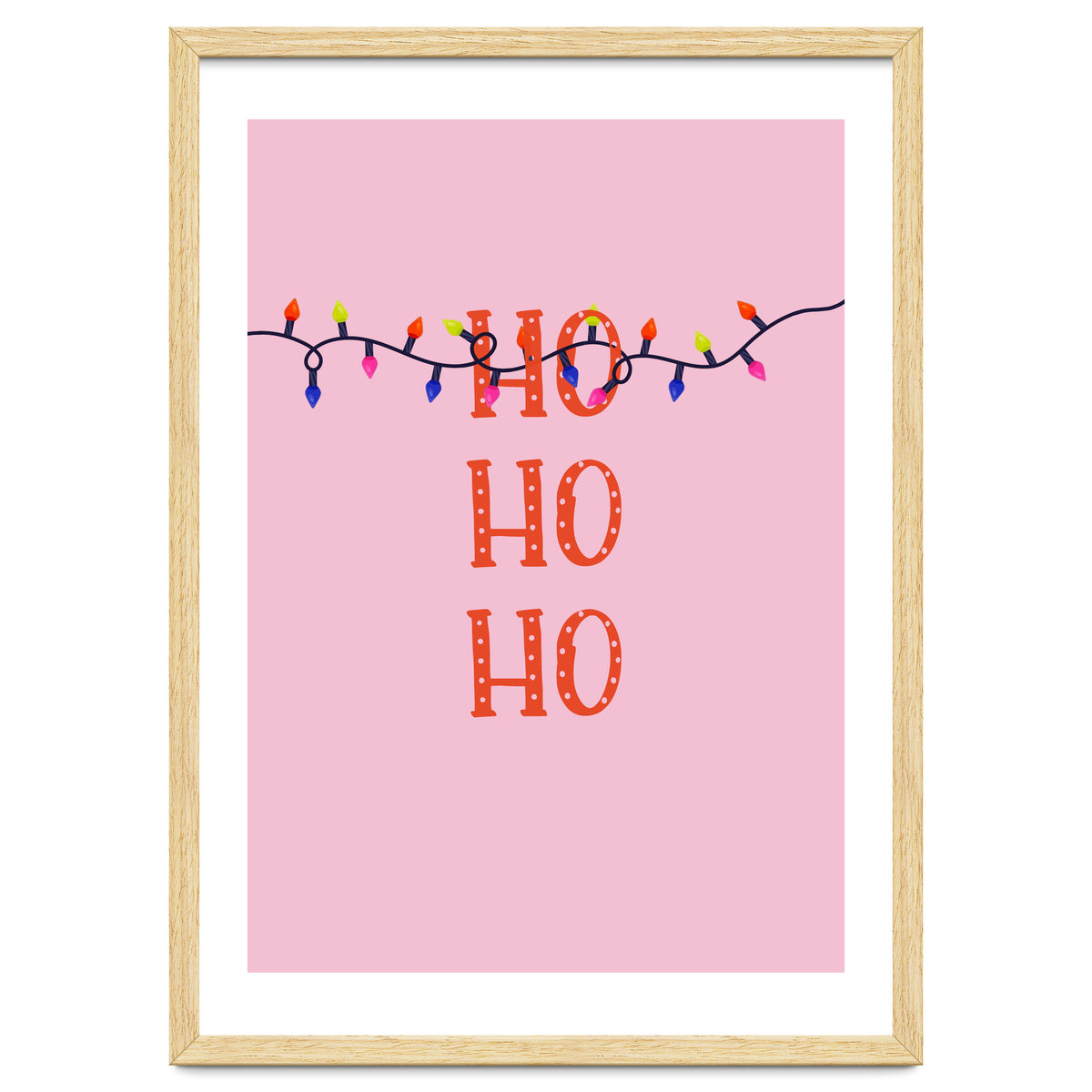 HO HO HO Christmas Lights Art, Pink Holiday Illustration, Modern Festive Quote