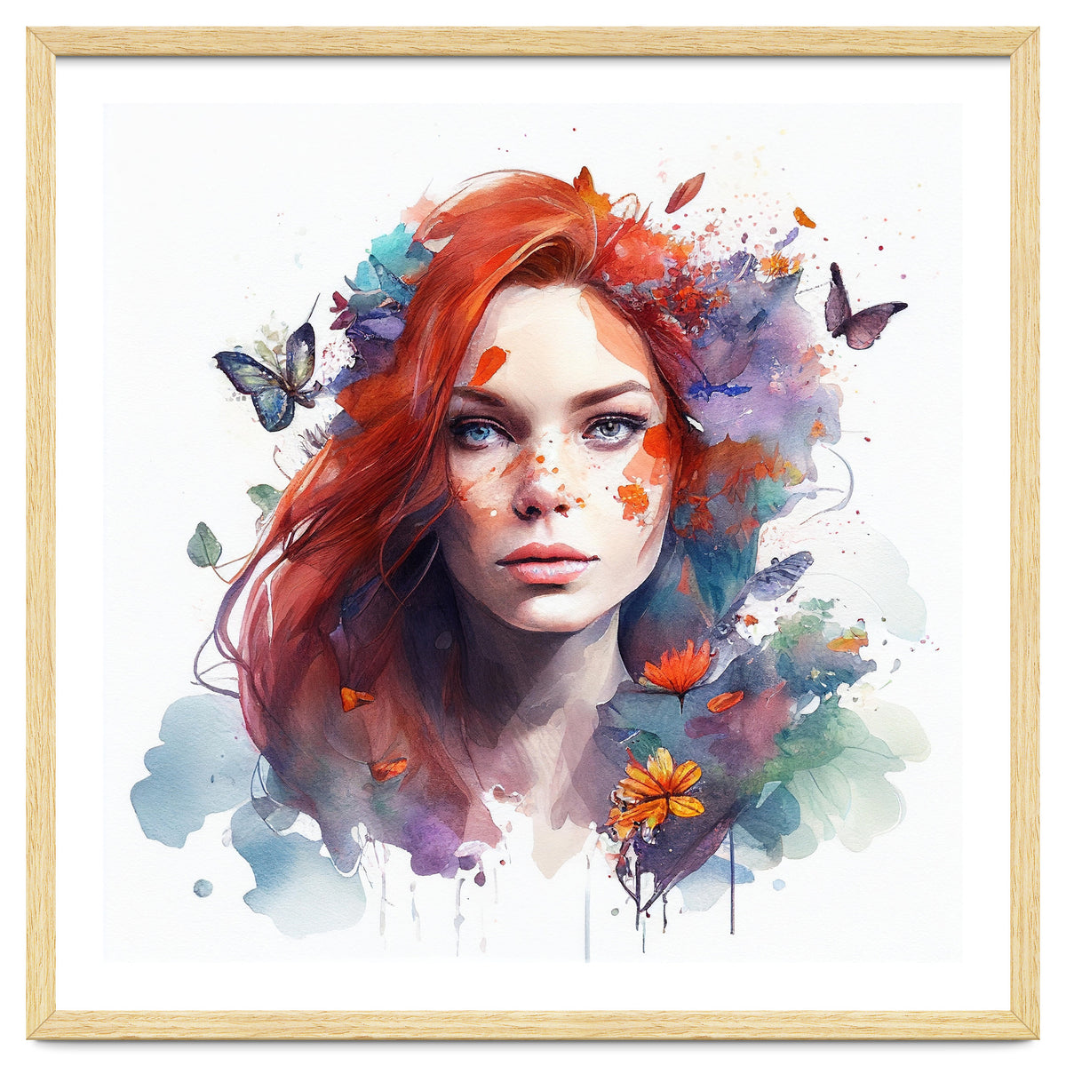 Watercolor Floral Red Hair Woman #3