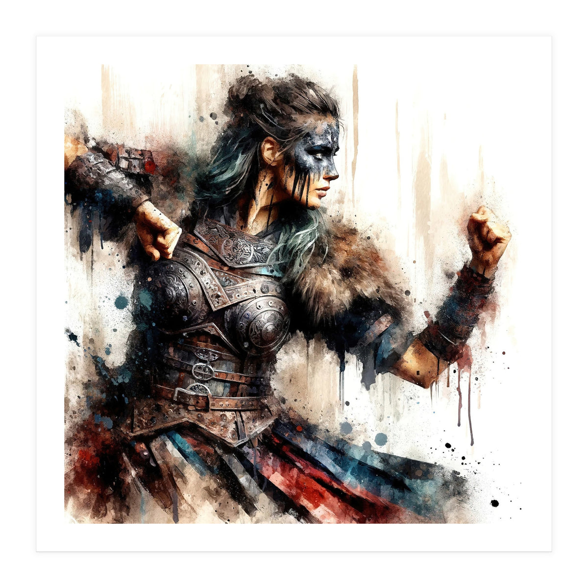 Viking Warrior Woman Watercolor Portrait (Print Only)