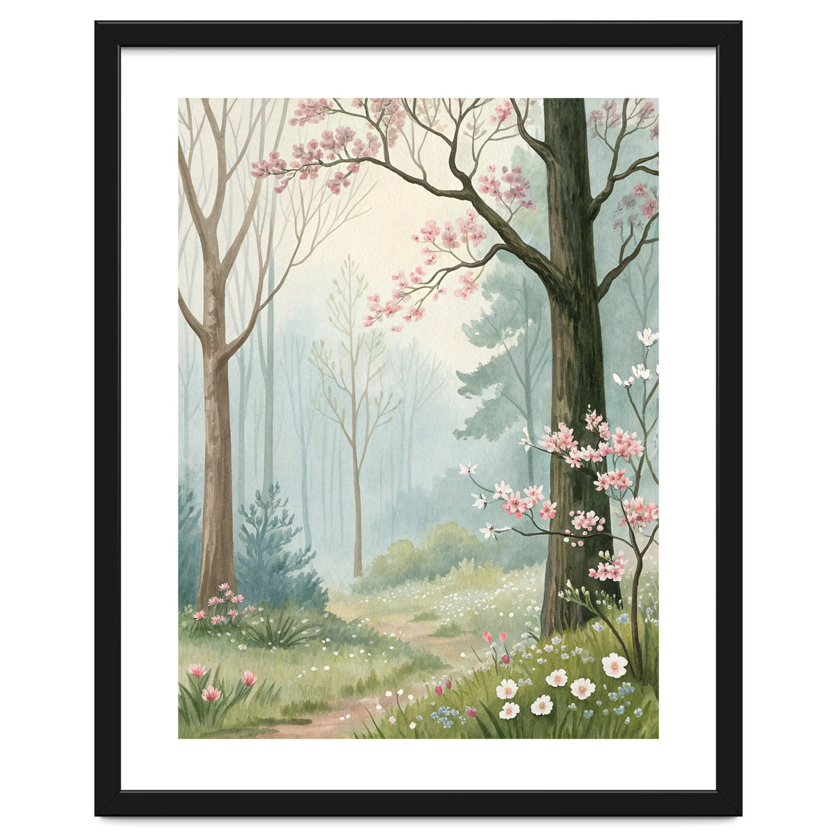 Enchanted Spring Woodland Path with Blooming Cherry Blossoms and Misty Pastel Forest Atmosphere