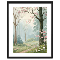 Enchanted Spring Woodland Path with Blooming Cherry Blossoms and Misty Pastel Forest Atmosphere