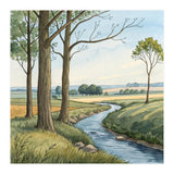 Pastoral Countryside Watercolor Painting with Winding Stream Meadows and Deciduous Trees Landscape (Print Only) thumbnail