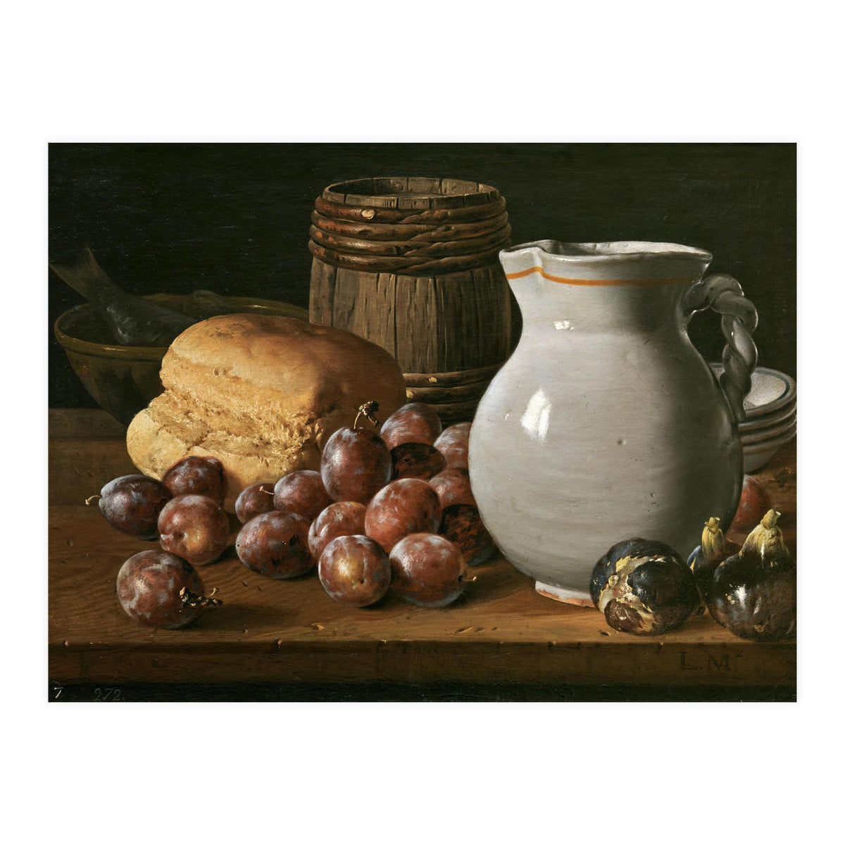 Luis Egidio Meléndez / 'Still Life with Plums, Figs, Bread and Fish', 18th century, Spanish School. (Print Only)