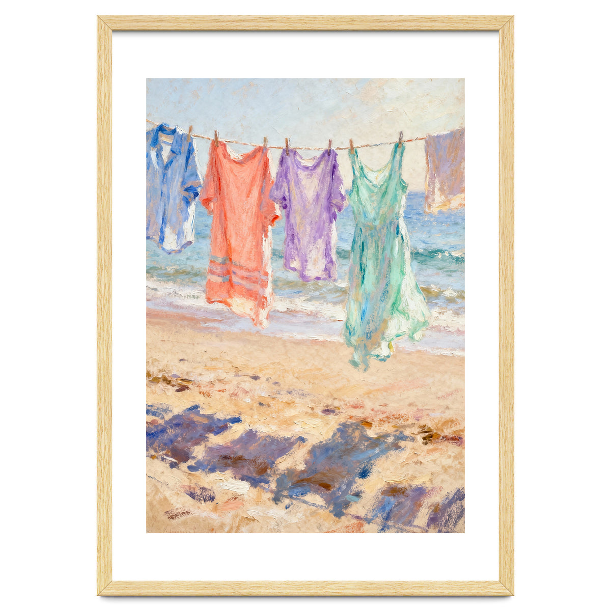 Laundry Drying by the Sea, Colorful Clothes on a Beach Clothesline, Coastal Summer Pastel Painting, Relaxing Ocean Shore Art Print