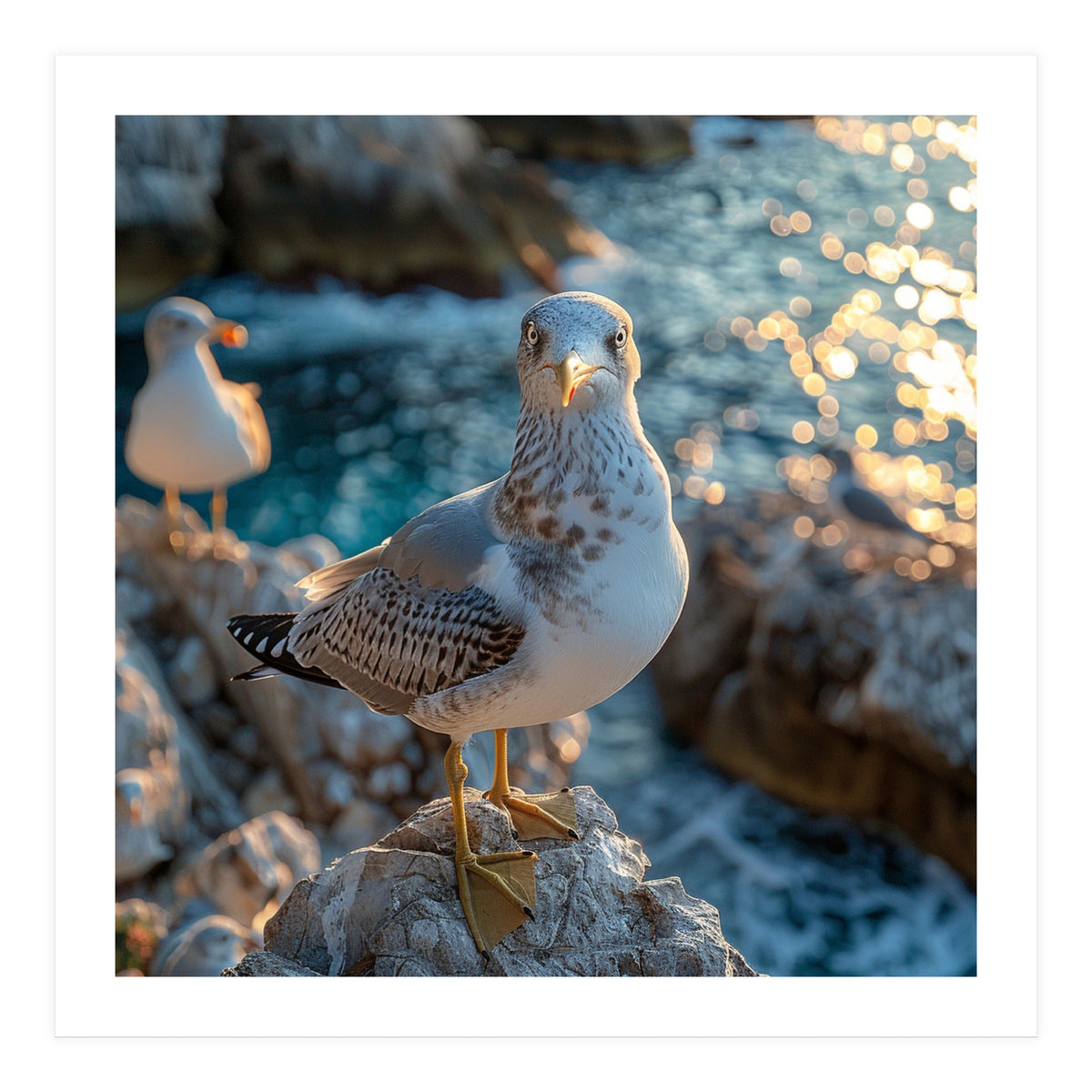 Seagull Standing On Rocks Near Water (Print Only)