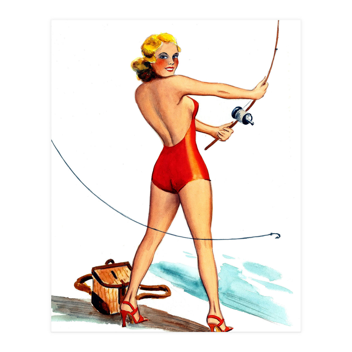 Pinup Girl Fishing On The Coast (Print Only)