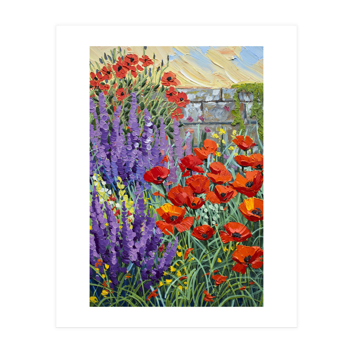 Vibrant Summer Poppy and Lavender Garden Oil Painting (Print Only)