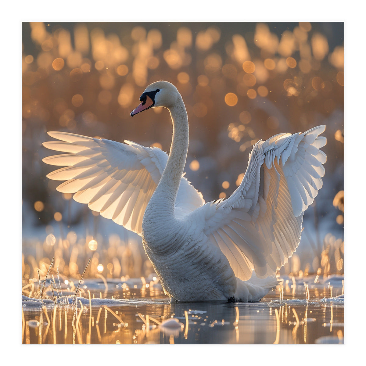 Swan Spreading Wings In Water Sunlight (Print Only)