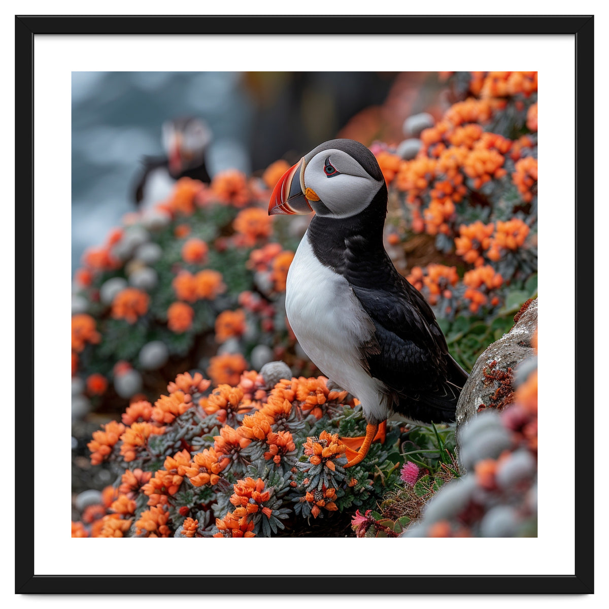 Atlantic Puffin Bird Perched On Orange Flowers