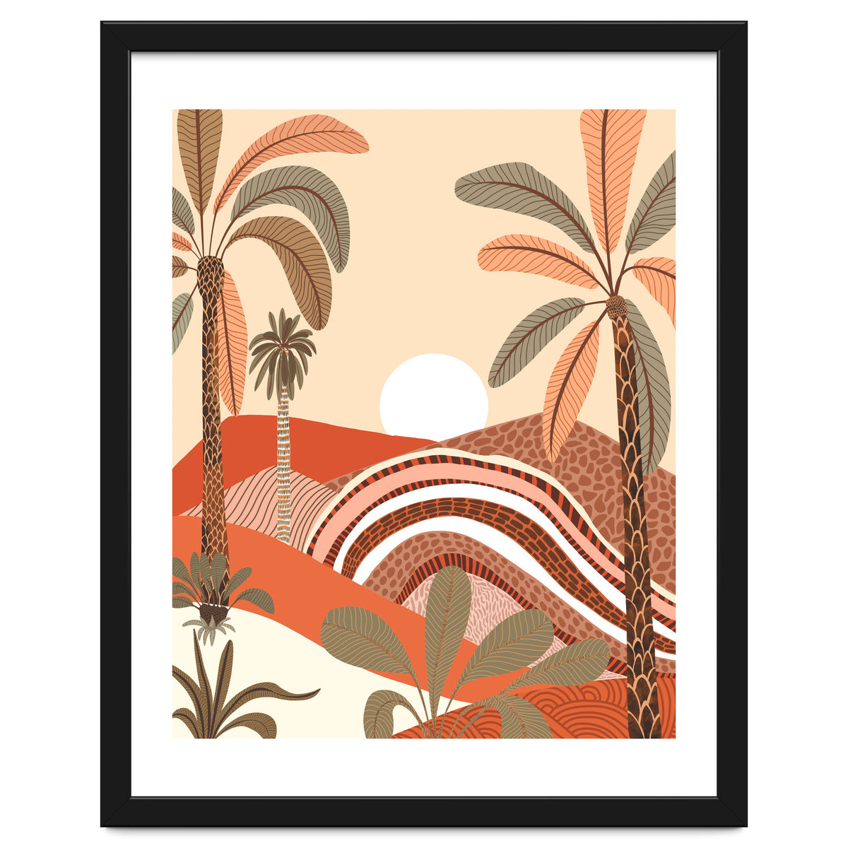 Epiphany, Pastel Rustic Sunrise Sunset, Bohemian Nature Landscape Illustration, Mountains Adventure Palm Trees