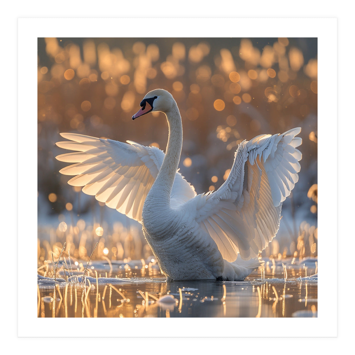 Swan Spreading Wings In Water Sunlight (Print Only)