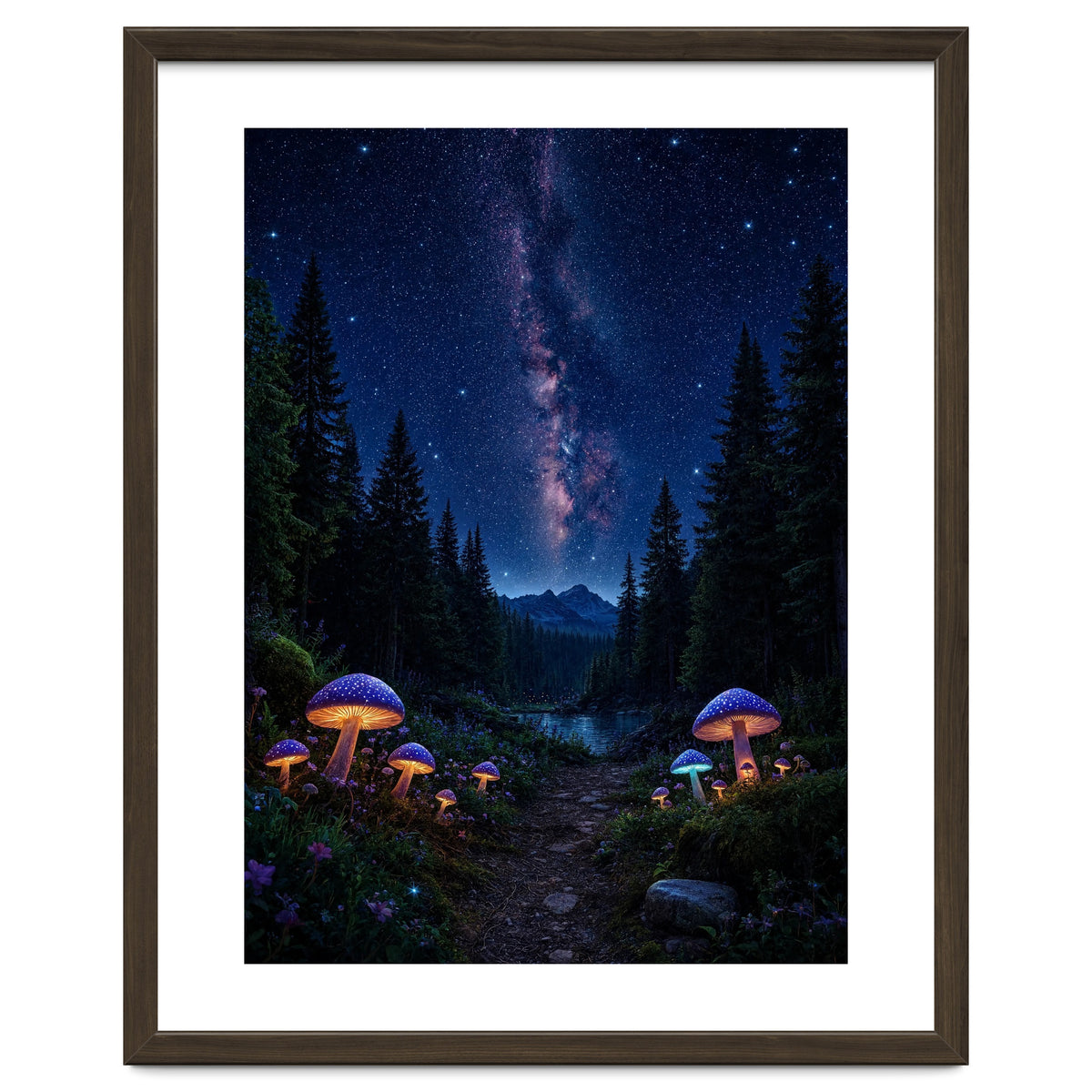 Enchanted Midnight Forest: Glowing Mushrooms and Milky Way