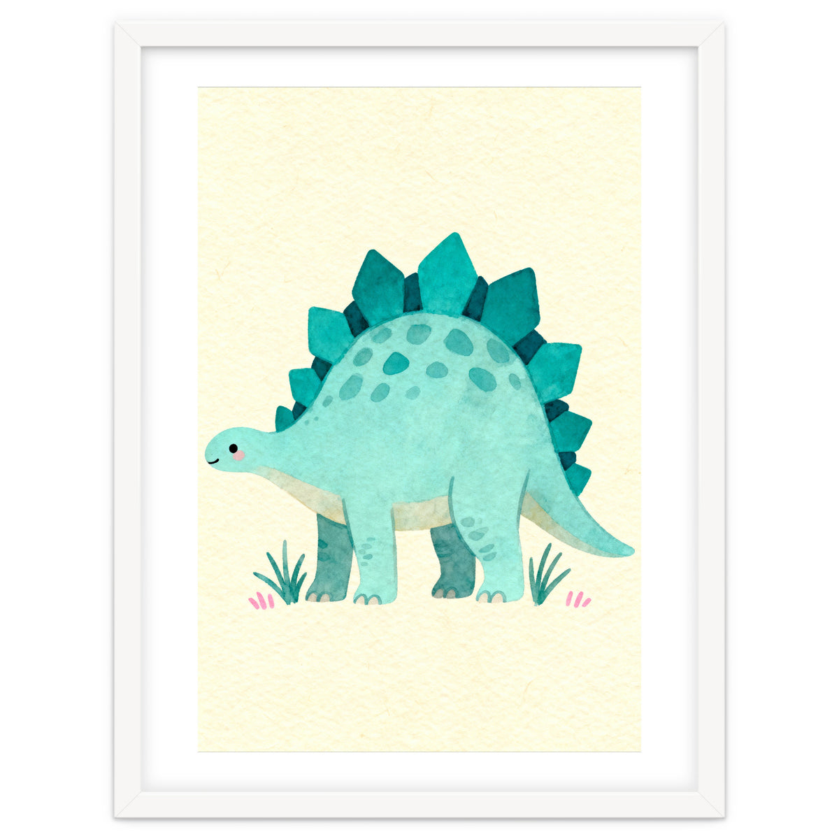 Teal Stegosaurus Watercolor Art, Cute Dinosaur Nursery Print, Whimsical Dino Illustration