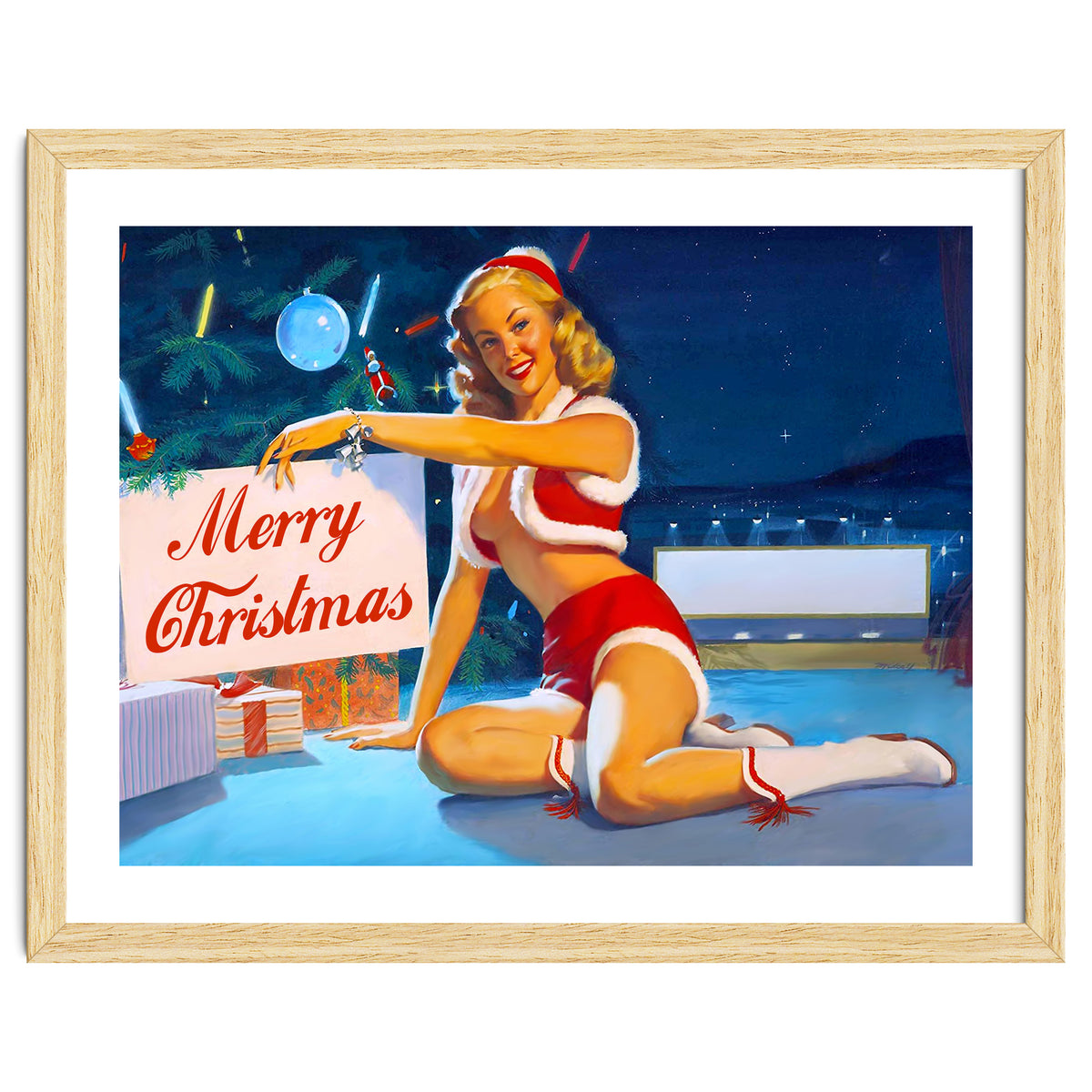 Pinup Girl In Santa Costume With Marry Christmas Sign