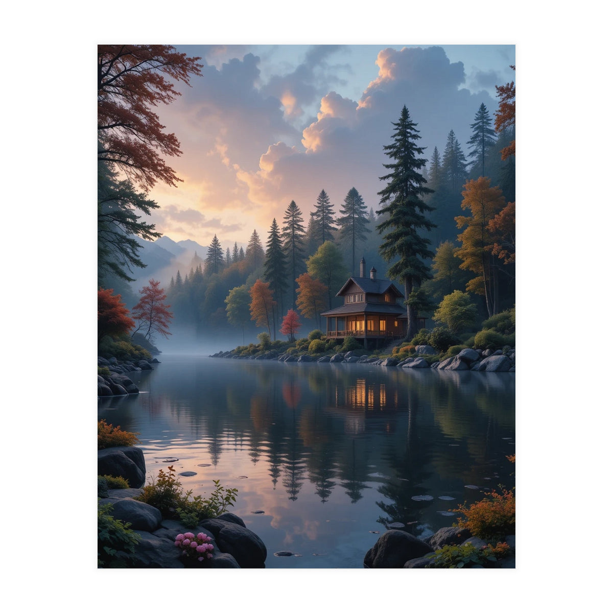 Serene Lakeside Retreat in Autumn Forest (Print Only)