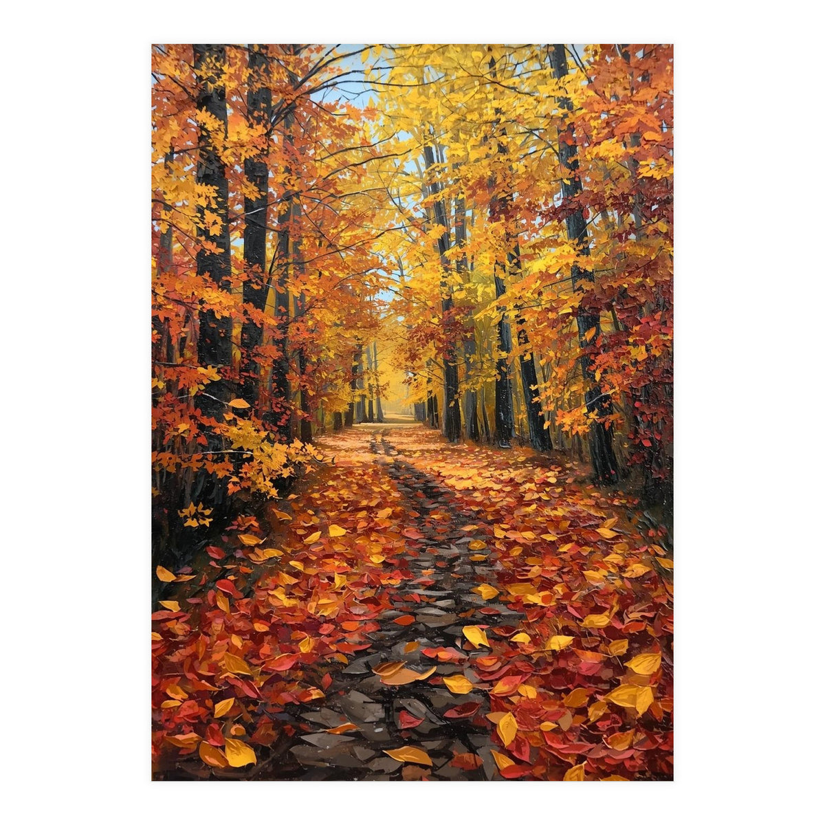 Sun-Drenched Golden Forest Path with Vibrant Autumn Foliage (Print Only)