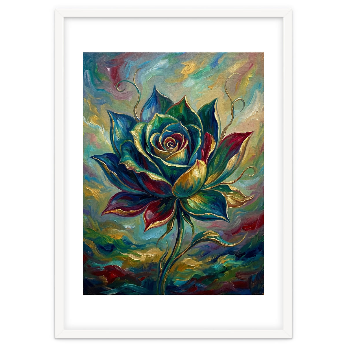 Enchanted Teal and Gold Rose Impasto Oil Painting
