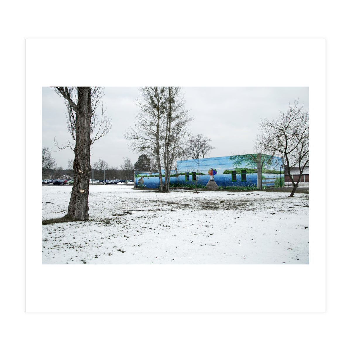 Colorful barn in the snowy ground landscape (Print Only)