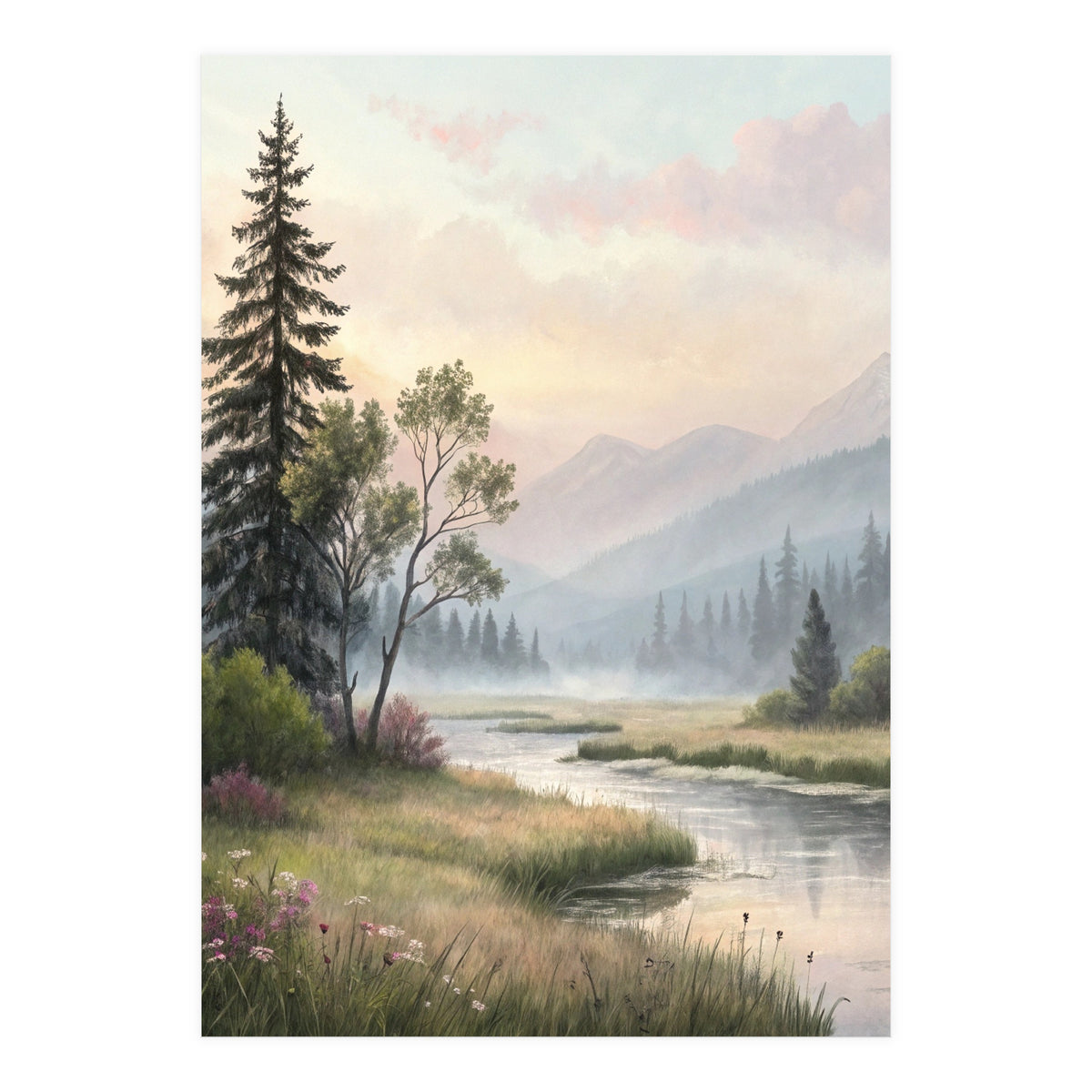 Dreamy Alpine Valley Landscape Painting (Print Only)