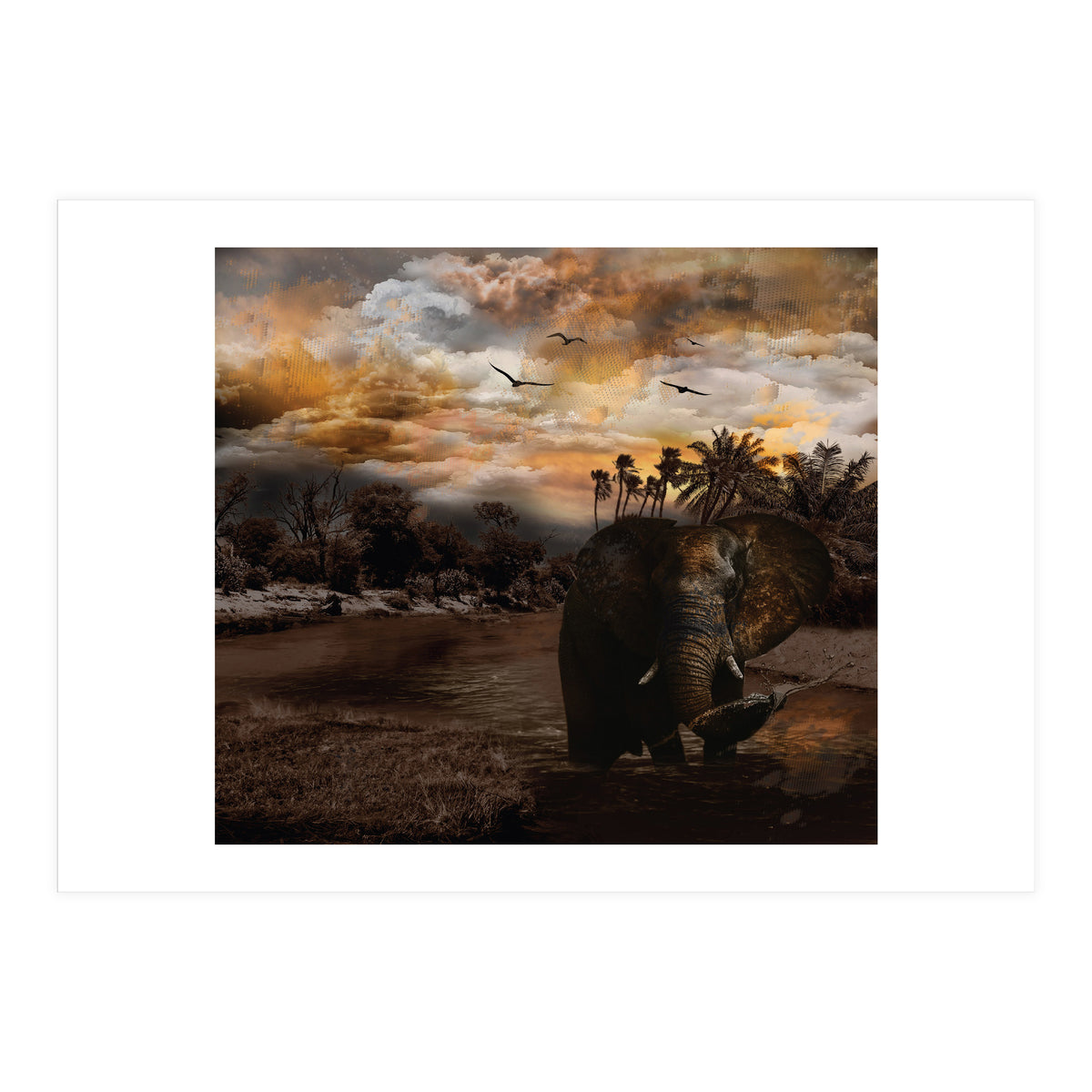 Elephant Scenic Golden Sunset African Wildlife Landscape (Print Only)