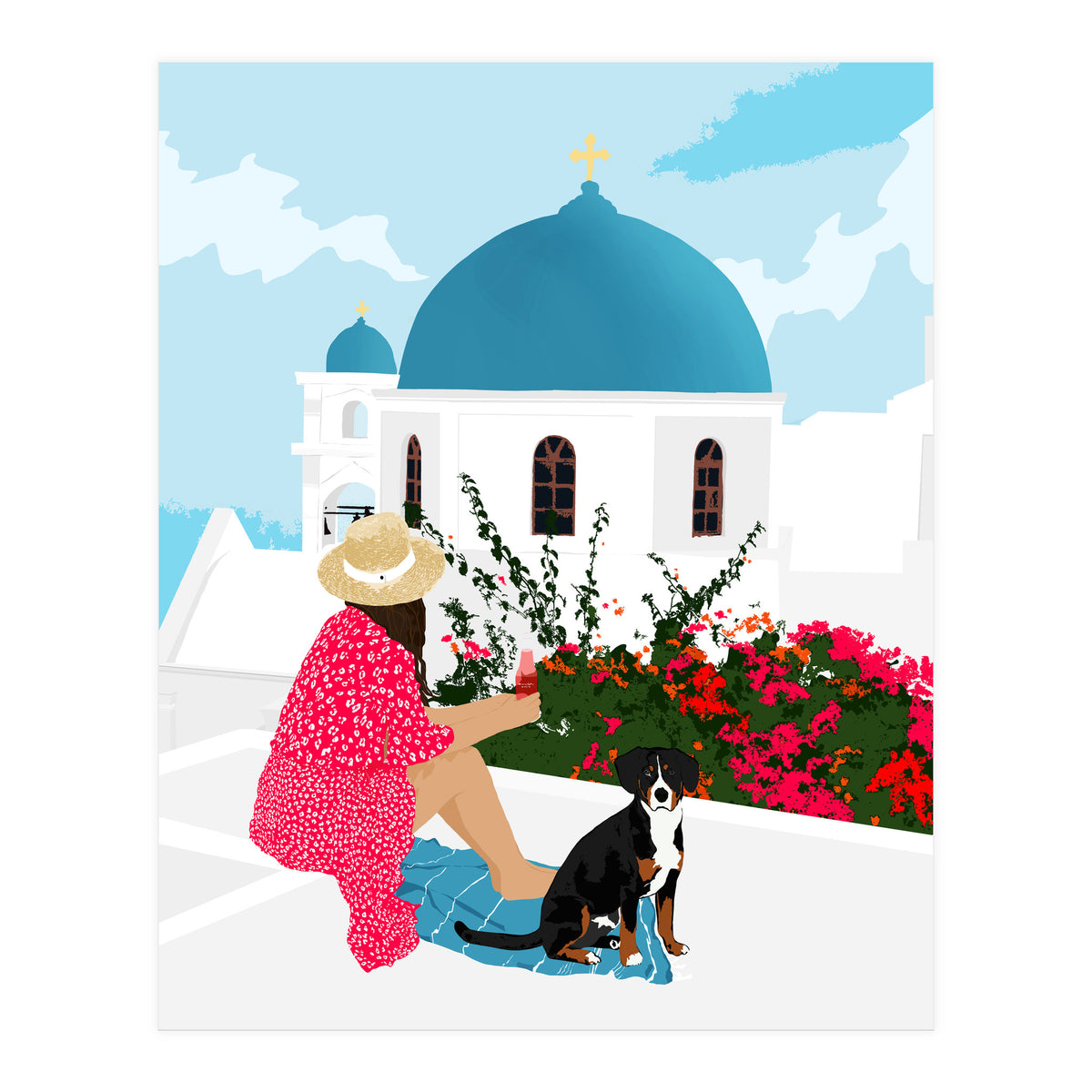 Greek Staycation, Pets Santorini Tropical Summer Travel, Dog White Buildings Architecture Fashion Bohemian (Print Only)