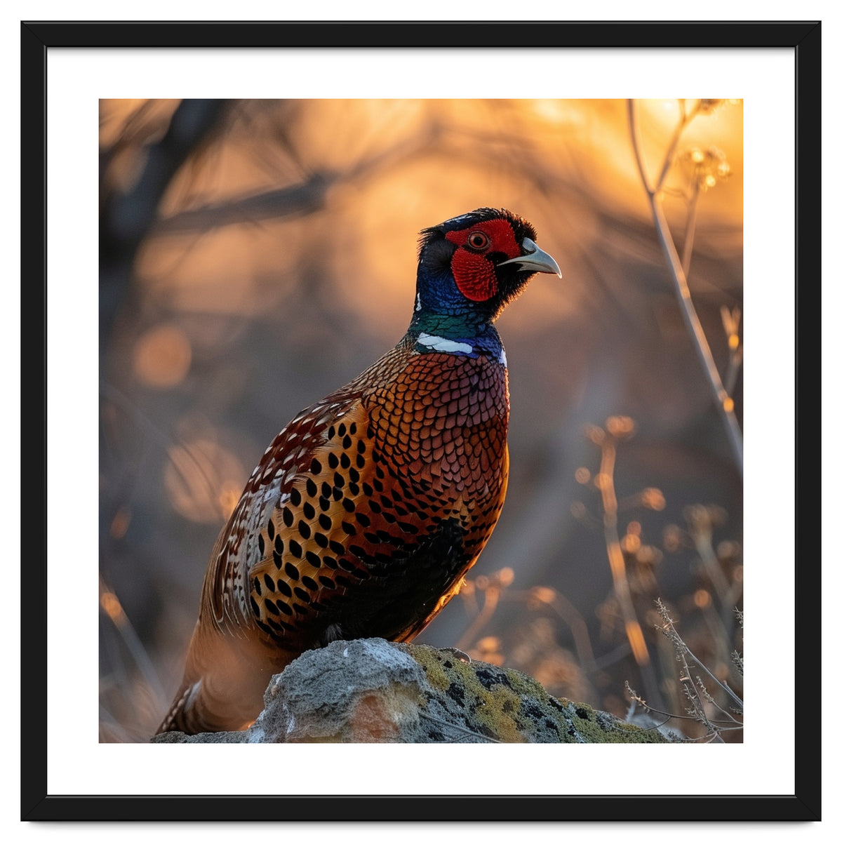 Pheasant Bird Standing On Rock Sunrise Light
