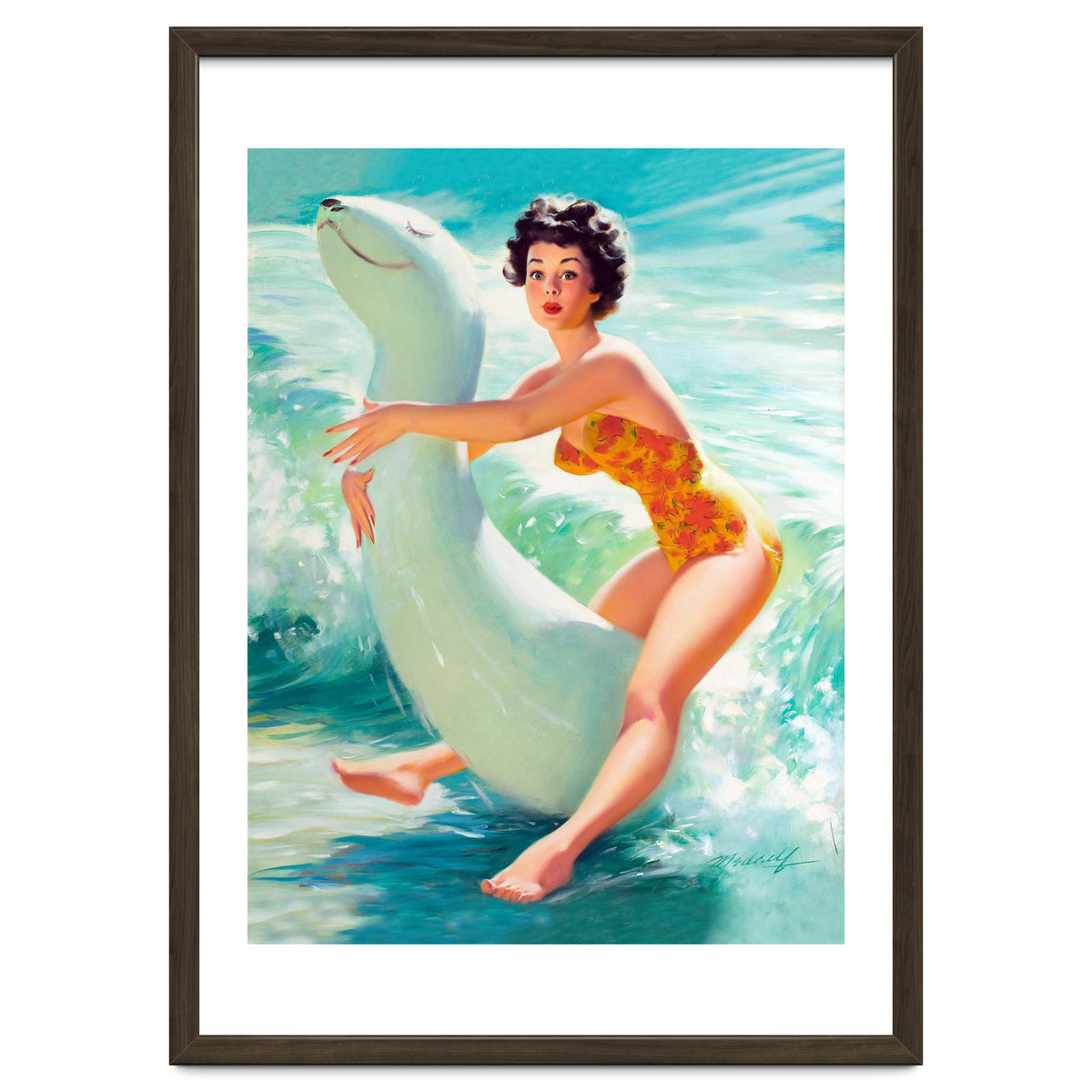 Happy Pinup Girl On The Beach Hugging Her Rubber Toy