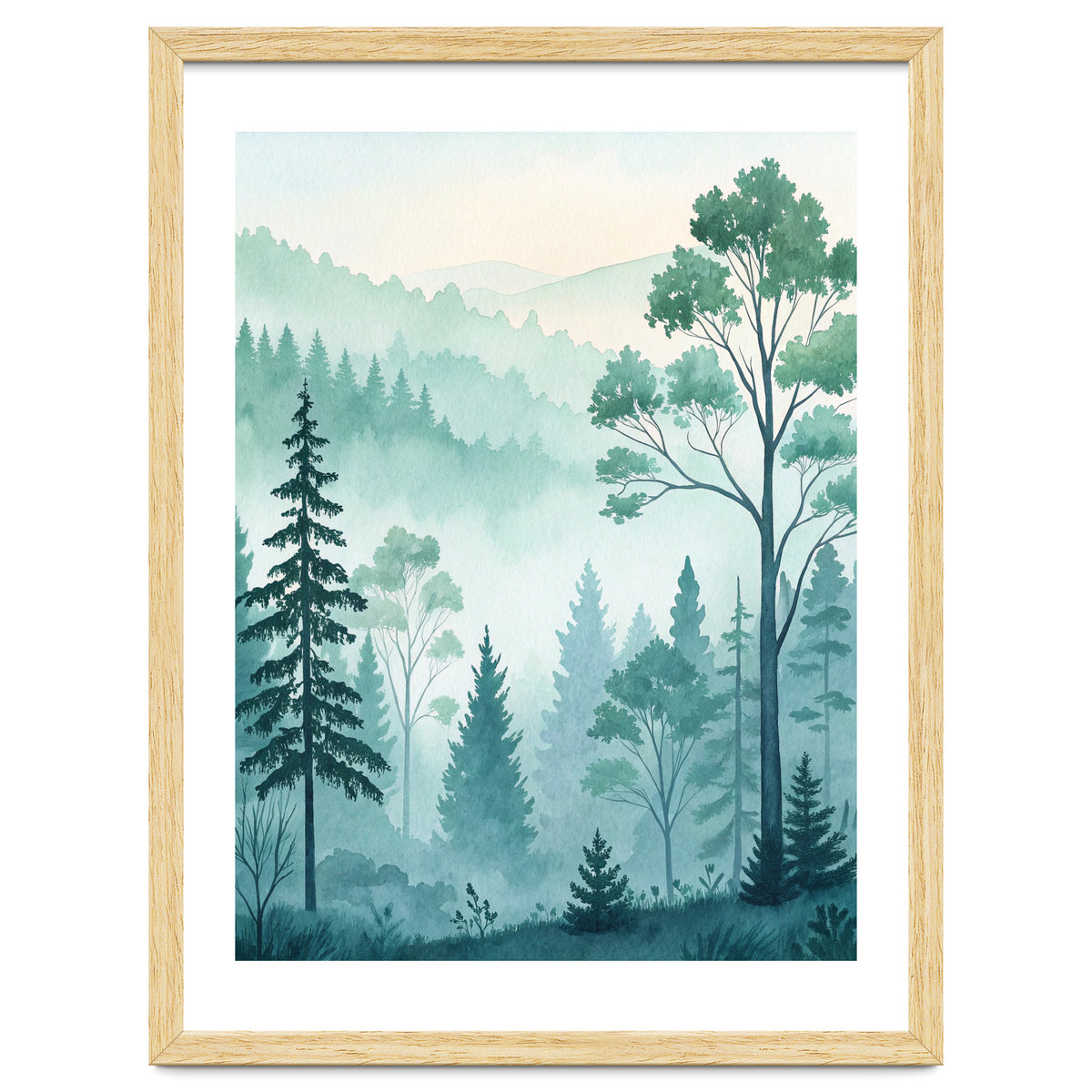 Ethereal Misty Pine Forest Watercolor Art