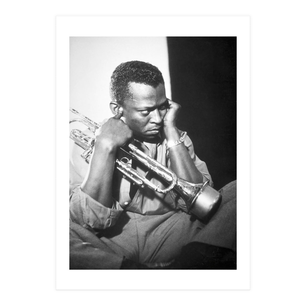 Jazz trumpeter Miles Davis early in his career playing in New York City, circa 1955. (Print Only)