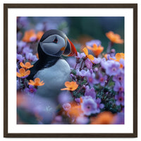 Puffin Bird Among Vibrant Purple And Orange Flowers