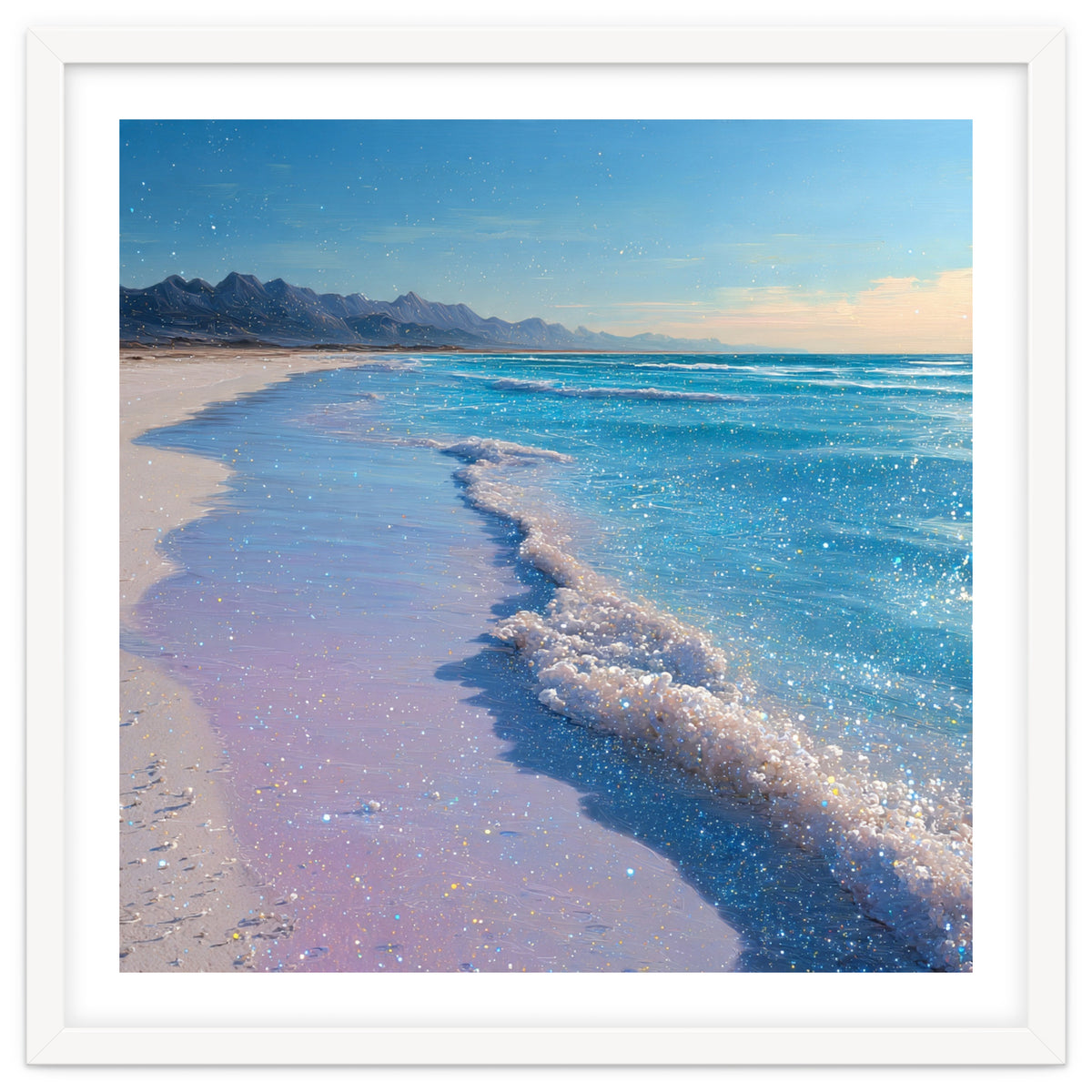 Sparkling Pastel Shoreline with Glittering Turquoise Waves