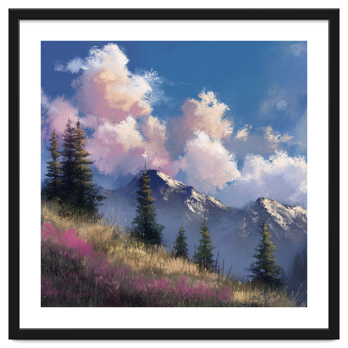 Alpine Summer Meadow with Vibrant Wildflowers and Snow