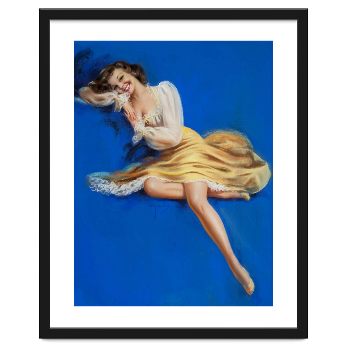 Pinup Girl Posing In Studio Over The Blue Background