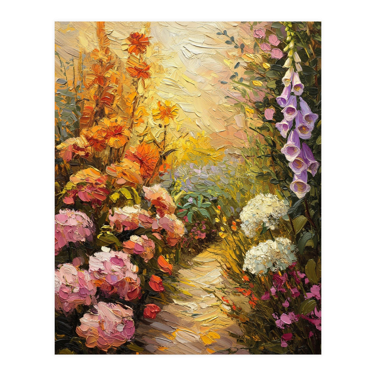 Golden Hour Summer Garden Path Oil Painting (Print Only)